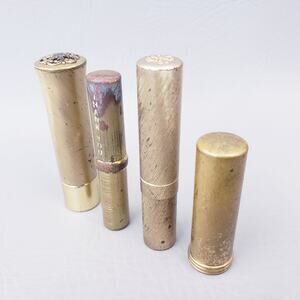 1950s MCM Brass Beauty Aids White Liner, Solid Perfume, Blush Brush, Suede Brush